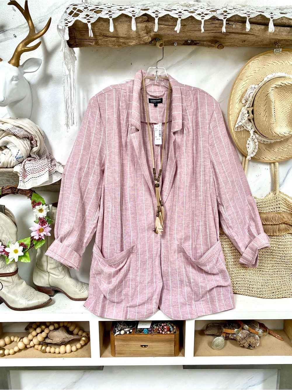 Blush LINEN boho blazer w resort vacay shabby chic summer vibe - Picture 1 of 15